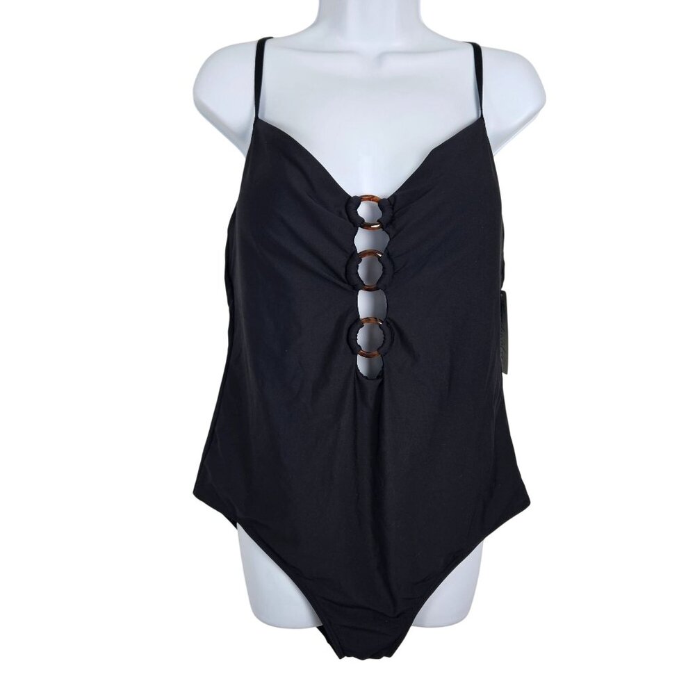 Womens XXL Freshwater O-Ring Cutout Black One-Piece Swimsuit Adj Straps Beach - Picture 3 of 10